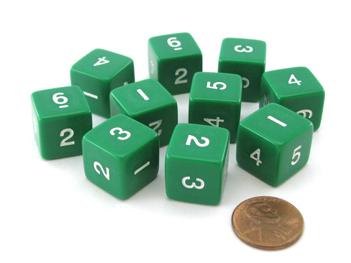 Set of 10 D6 Six-Sided 16mm Opaque Numbered Dice - Green with White Numbers