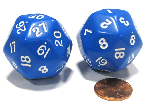 Set of 2 Triantakohedron D30 30 Sided 33mm Jumbo Dice - Blue w White Numbers