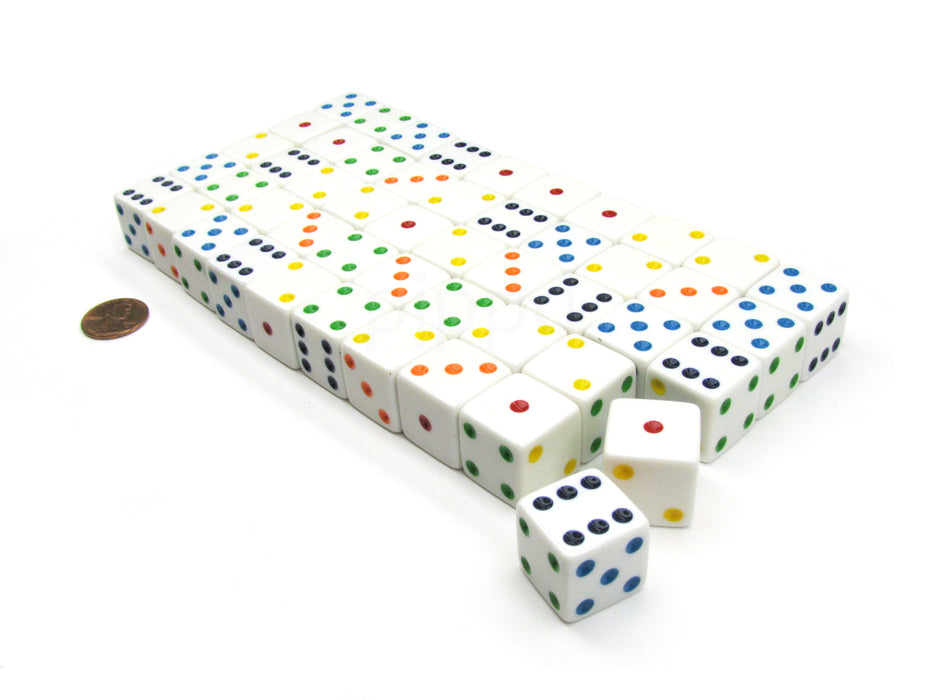 Pack of 50 Large D6 Square Opaque 19mm Dice - White with Multicolor Pip