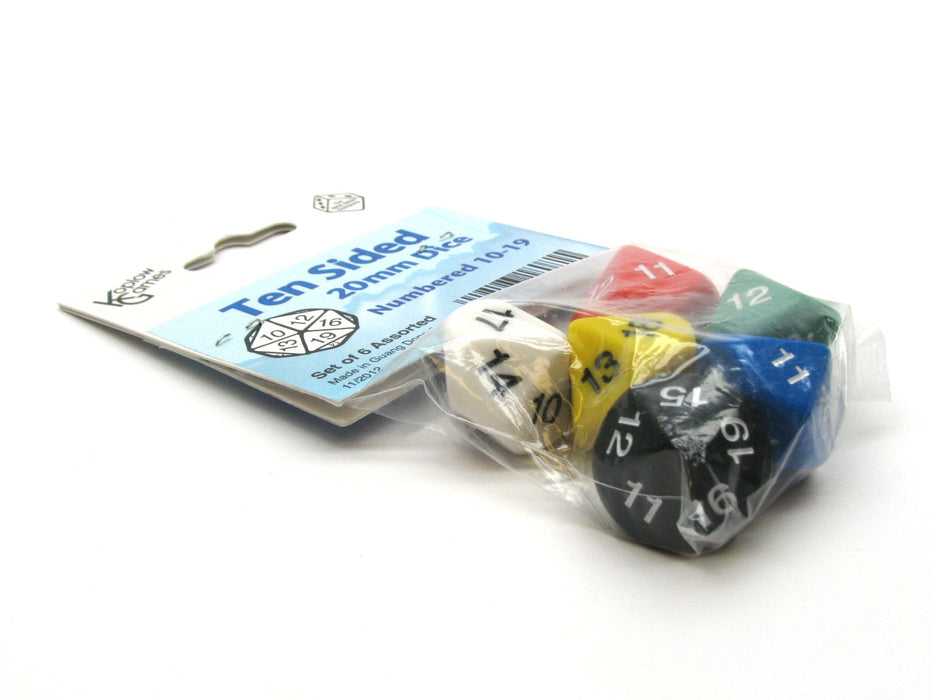 Pack of 6 D10 20mm Numbered 10 to 19 Dice - Assorted Colors