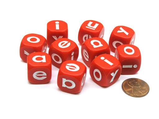 Set of 10 Lowercase English Vowel 16mm D6 Round Edge Dice-Red with White Letters