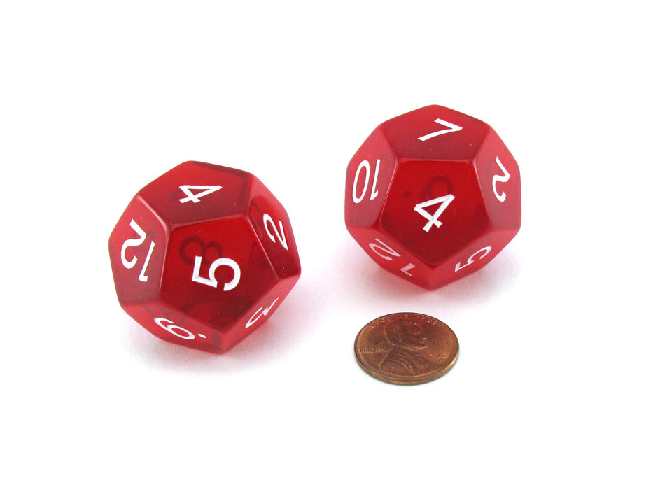 Pack of 2 Jumbo 29mm D12 Transparent Dice - Red with White Numbers