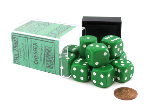 Opaque 16mm D6 Chessex Dice Block (12 Die) - Green with White Pips