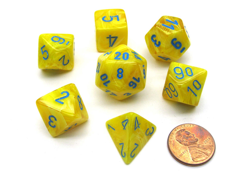 Polyhedral 7-Die Vortex Chessex Dice Set - Yellow with Blue Numbers