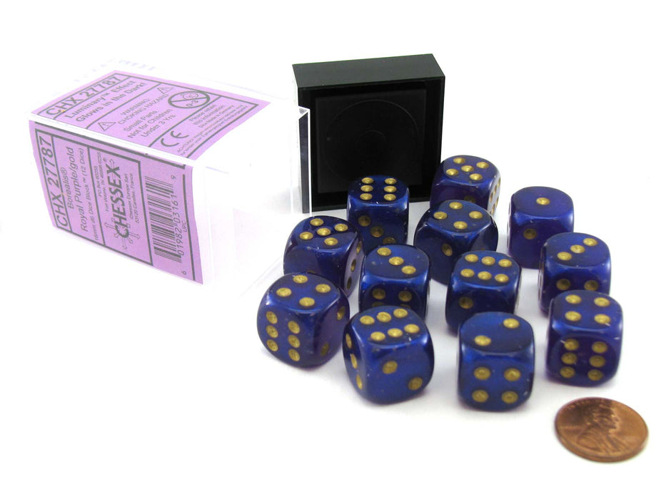 Luminary Borealis 16mm D6 Dice Block (12 Dice) - Royal Purple with Gold Pips