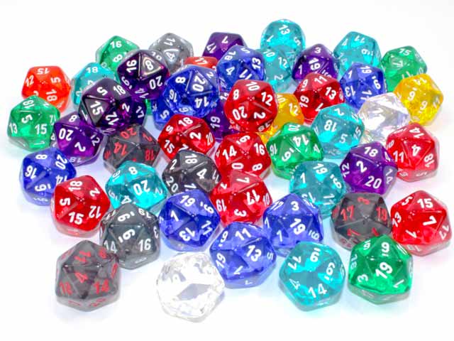 Bag of 50 Assorted Loose Translucent d20 Dice