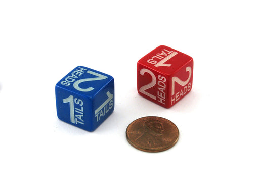 Pack of 2 Custom Engraved Heads and Tails Dice - 3 Heads, 3 Tails (Colors Vary)