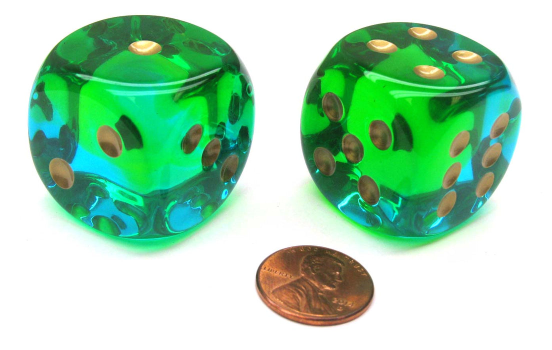 Gemini 30mm Large D6 Chessex Dice, 2 Pieces - Green-Teal with Gold Pips