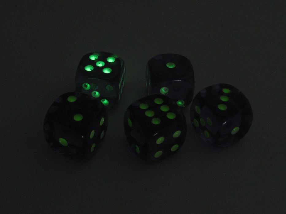 Set of 5 16mm D6 Glow In the Dark Spots Dice in Tube - Purple