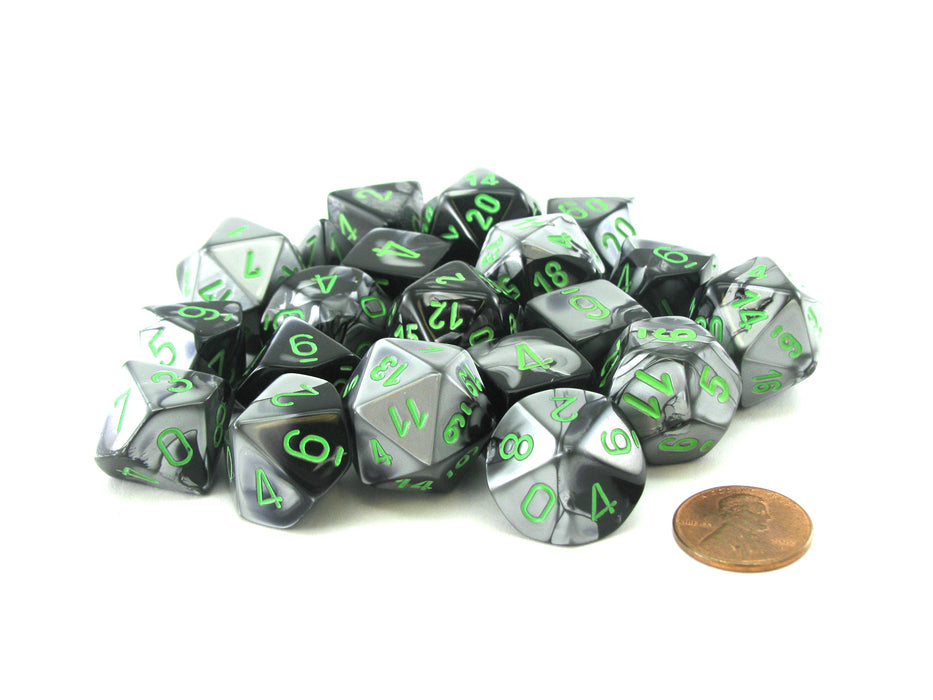 Bag of 20 Gemini Polyhedral Dice - Black-Grey with Green Numbers