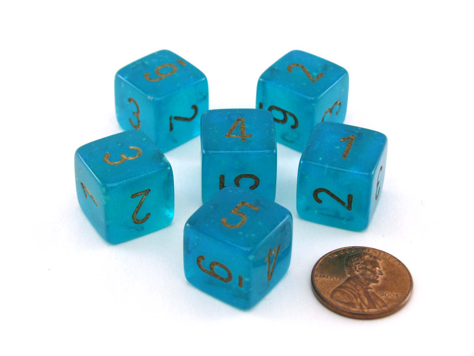 Luminary Borealis 15mm 6 Sided D6 Dice, 6 Pieces - Teal with Gold Numbers