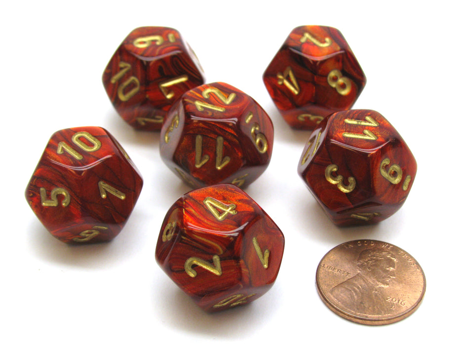 Scarab 18mm 12 Sided D12 Chessex Dice, 6 Pieces - Scarlet with Gold