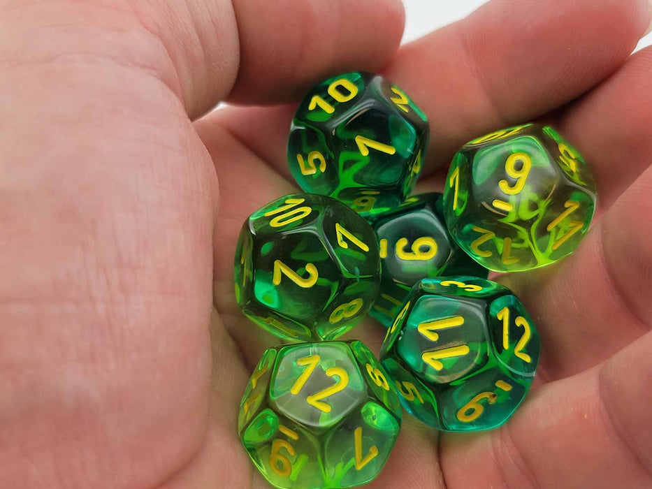 Gemini 18mm D12 Dice, 6 Pieces - Translucent Green-Teal with Yellow Numbers