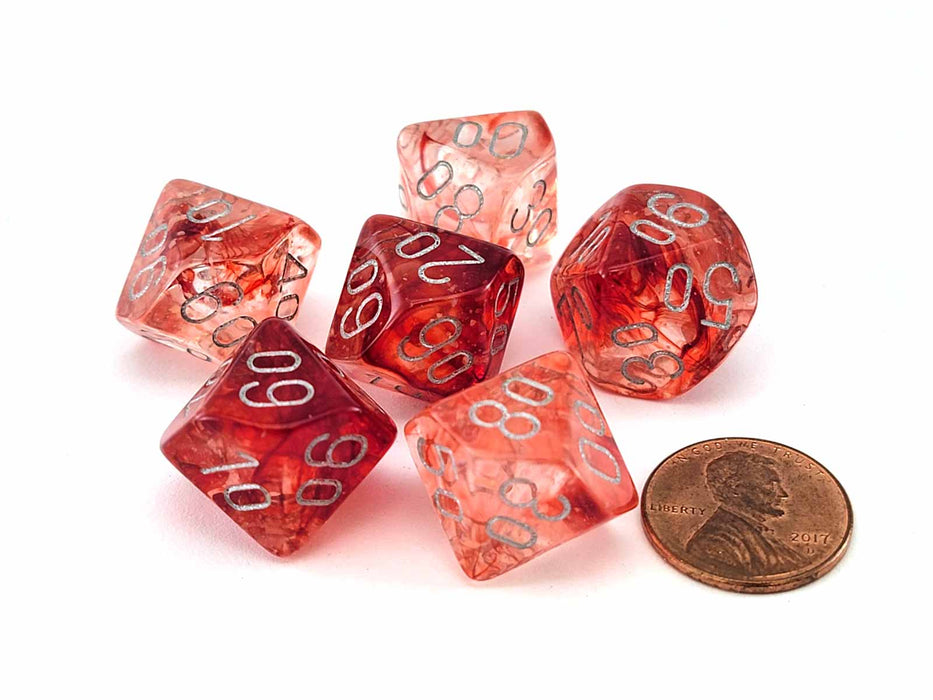 Luminary Nebula 16mm Tens D10 (00-90) Dice, 6 Pieces - Red with Silver