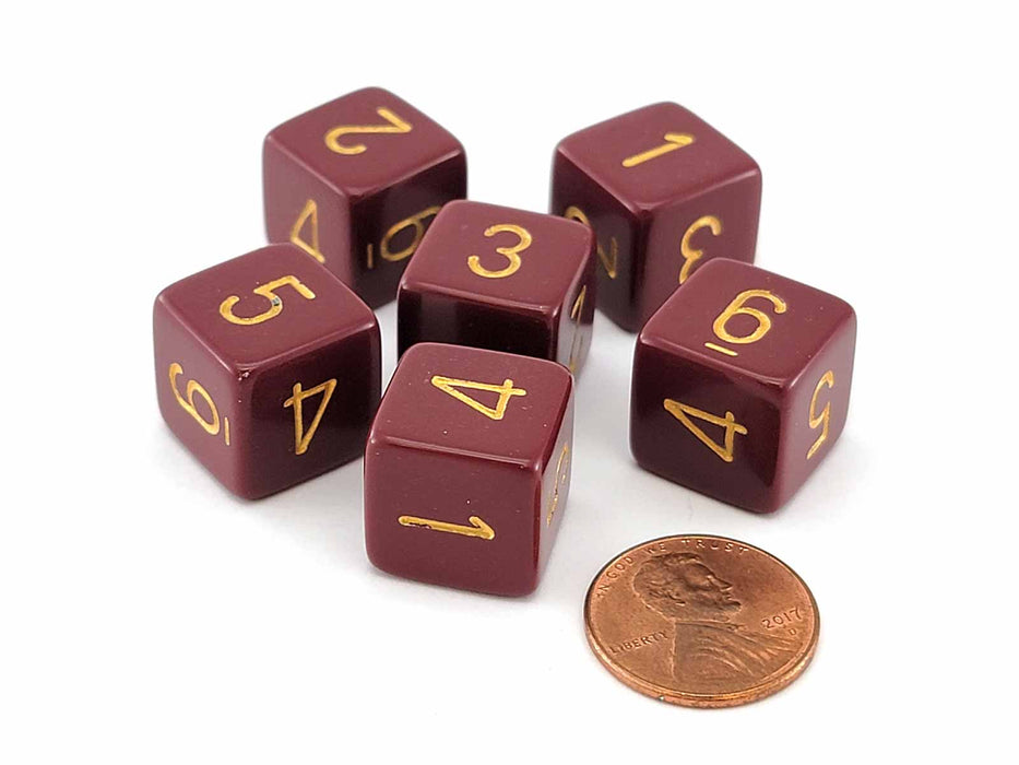 Opaque 15mm D6 Chessex Dice, 6 Pieces - Burgundy with Light Gold Numbers