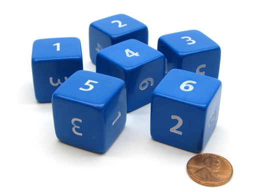 Opaque 25mm 6 Sided D6 Large Jumbo Numbered Dice, 6 Pieces - Blue with White