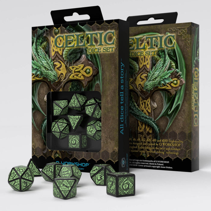 Q-Workshop Celtic Dice Set - 3D Revised Black and Green (7 Pieces)