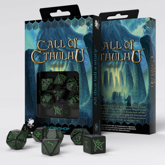 Q-Workshop Call of Cthulhu Dice Set Black with Green Etches (7 Piece Set)