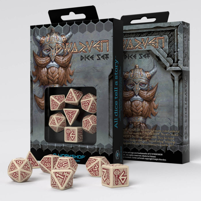 Q-Workshop Dwarven Dice Set Beige with Burgundy (7 Piece Set)