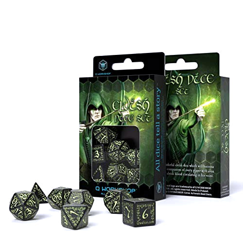 Q-Workshop Elvish Dice Set Black with GlowNDark Etches (7 Piece Set)