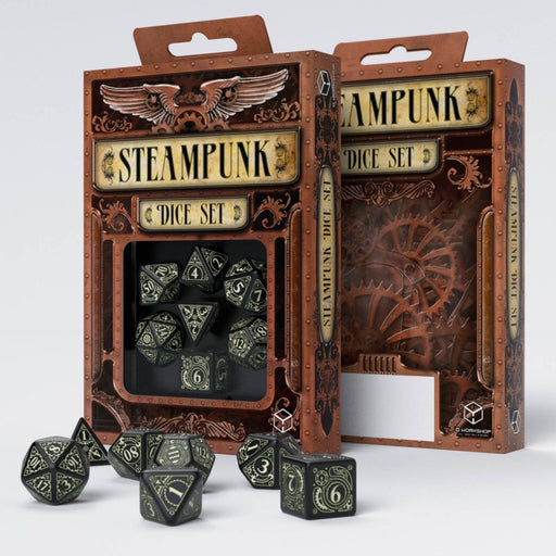 Q-Workshop Steampunk Dice Set Black with Glow-in-the-Dark Etches (7 Piece Set)