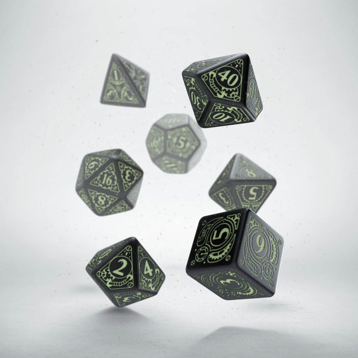 Q-Workshop Steampunk Dice Set Black with Glow-in-the-Dark Etches (7 Piece Set)