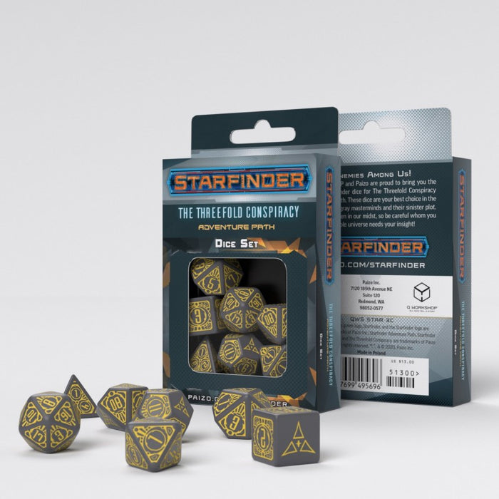 Starfinder Threefold Conspiracy 7-Die Polyhedral Dice Set - Gray with Yellow