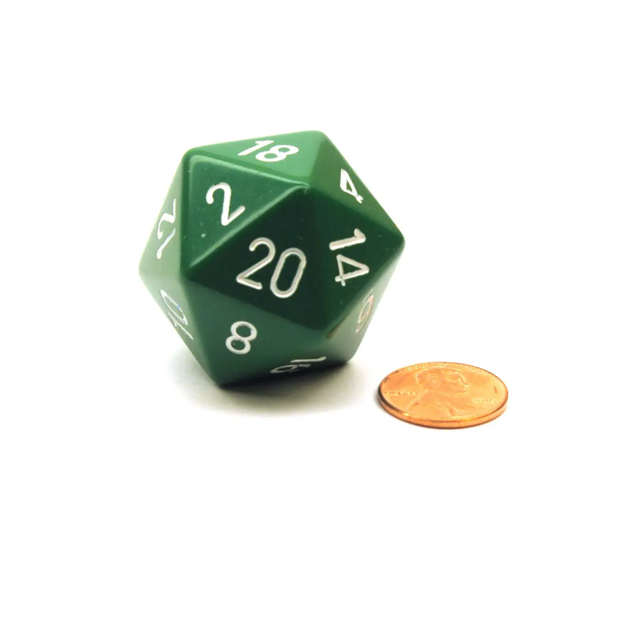 34mm Large 20-Sided D20 Opaque Chessex Dice, 1 Die - Green with White Numbers