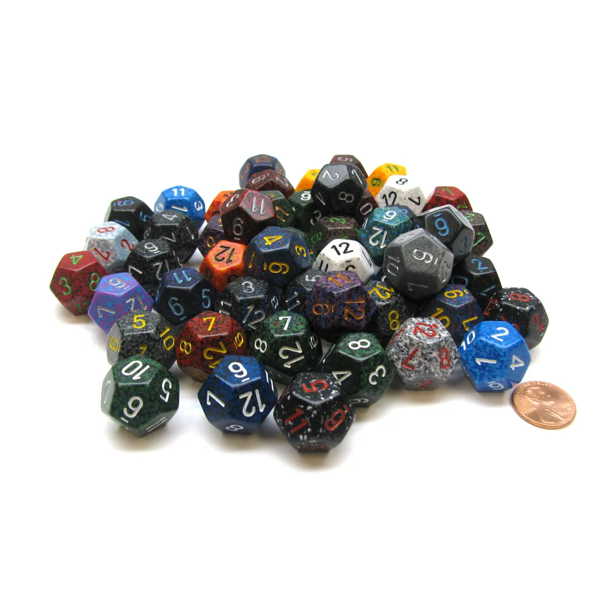 Bag Of 50 Assorted Loose Speckled Polyhedral 19mm D12 Chessex Dice