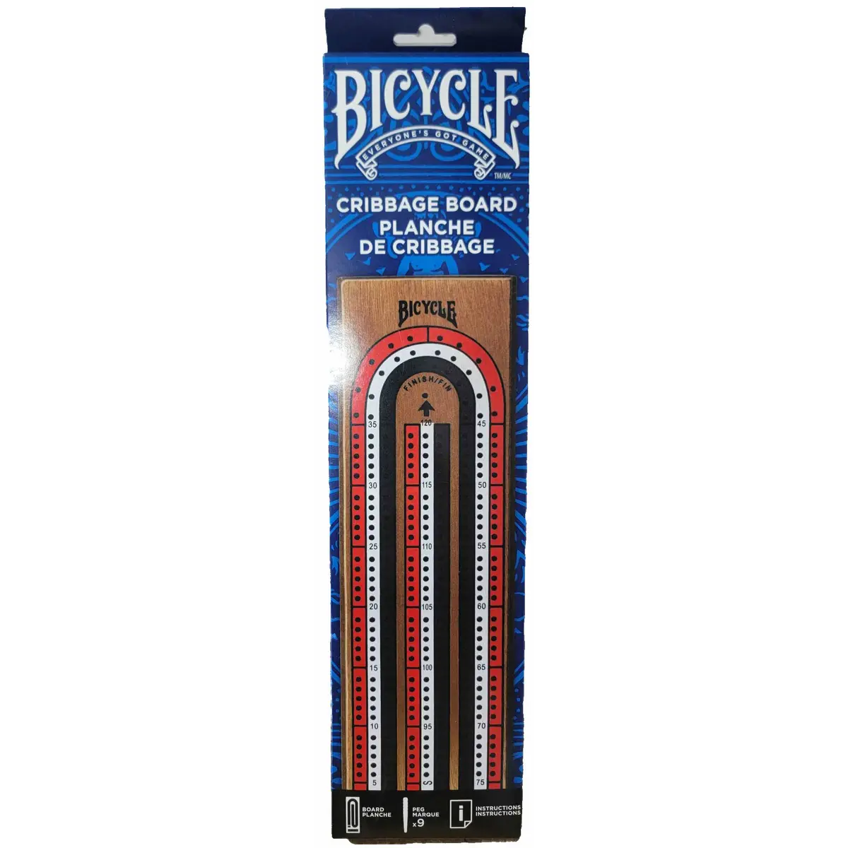 Bicycle 3 Track Wooden Cribbage Board with Pegs