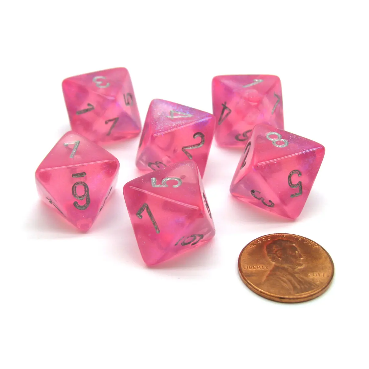 Borealis 15mm 8 Sided D8 Chessex Dice, 6 Pieces - Pink with Silver