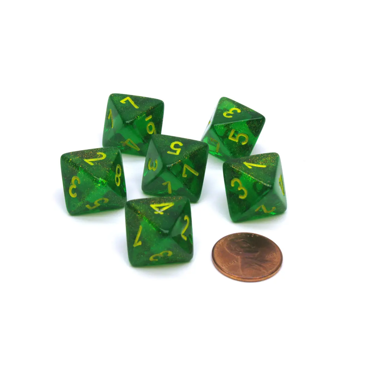 Borealis 15mm D8 Chessex Dice, 6 Pieces - Maple Green with Yellow Numbers