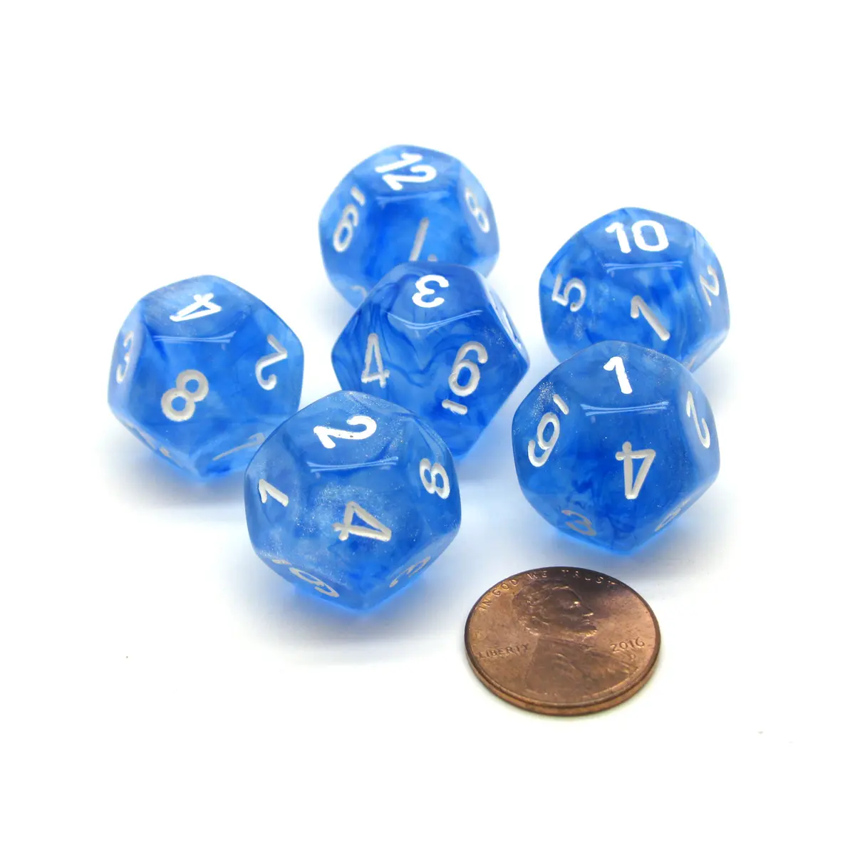 Borealis 18mm 12 Sided D12 Chessex Dice, 6 Pieces - Sky Blue with White