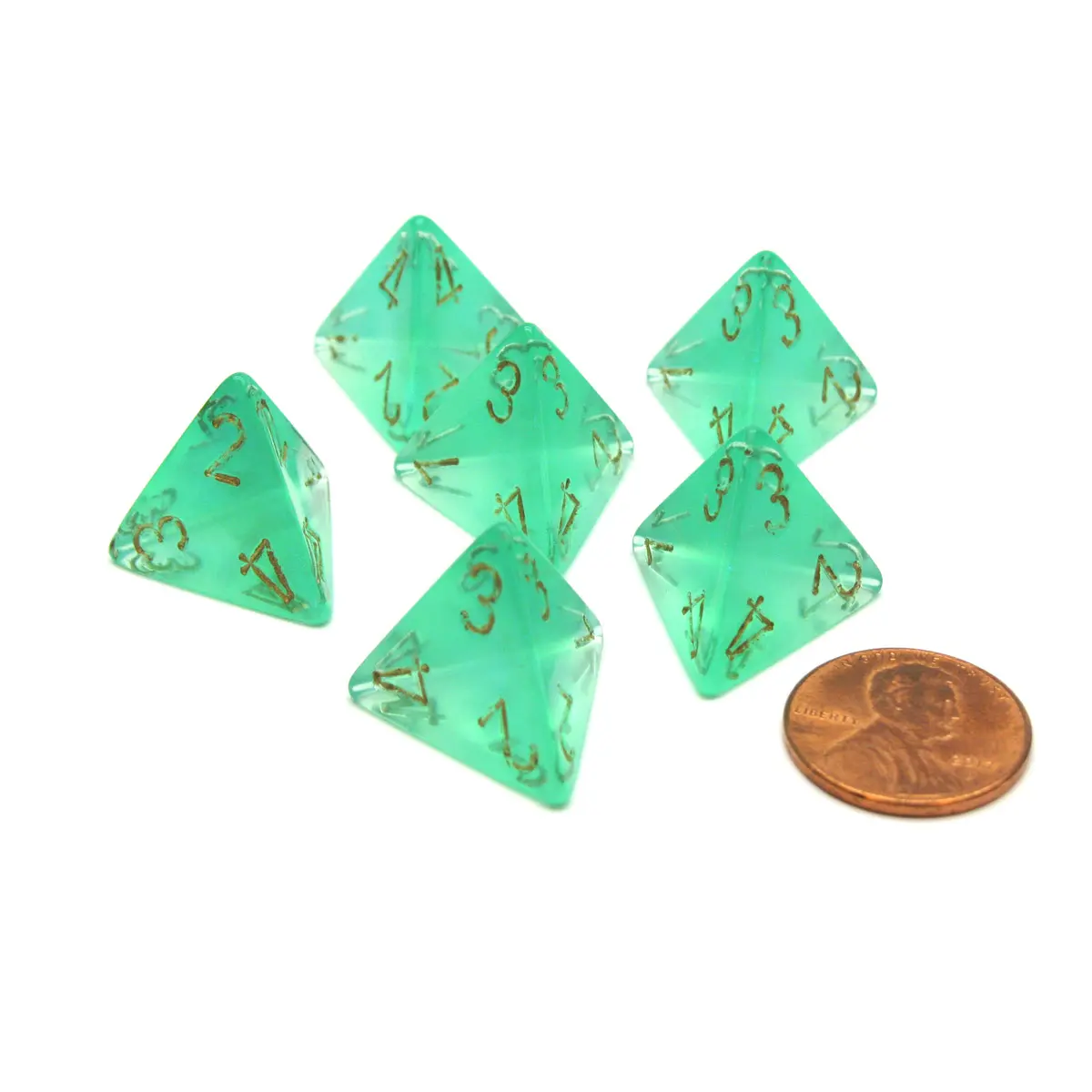 Borealis 18mm 4 Sided D4 Chessex Dice, 6 Pieces - Light Green with Gold