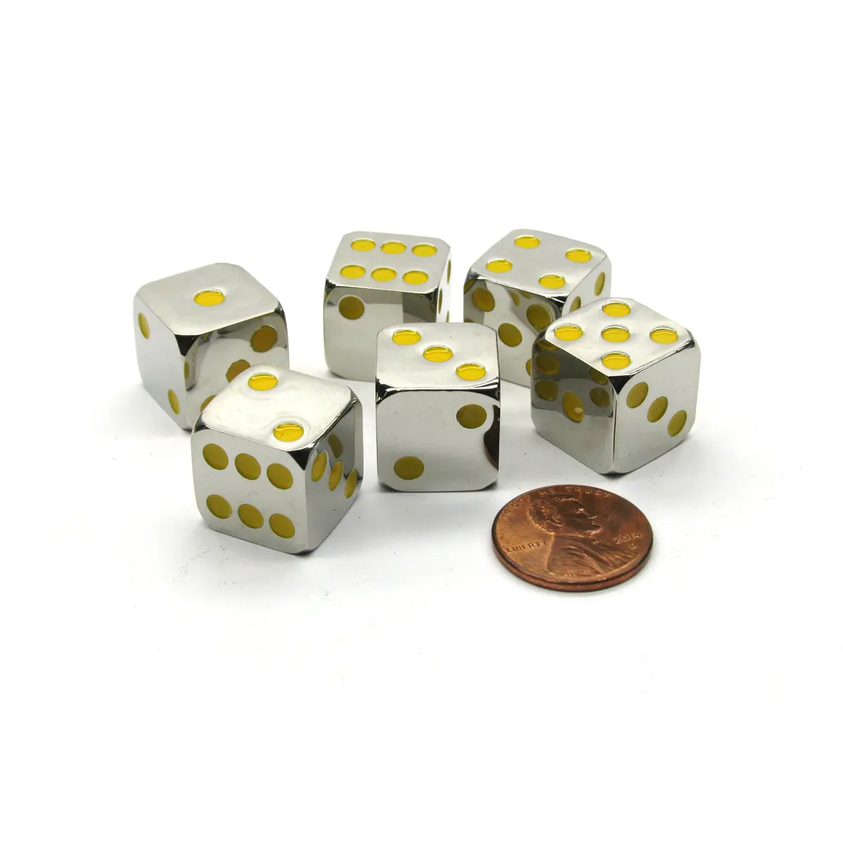 Box of 6 Zinc Metal Alloy D6 15mm Heavy Dice - Yellow Pips