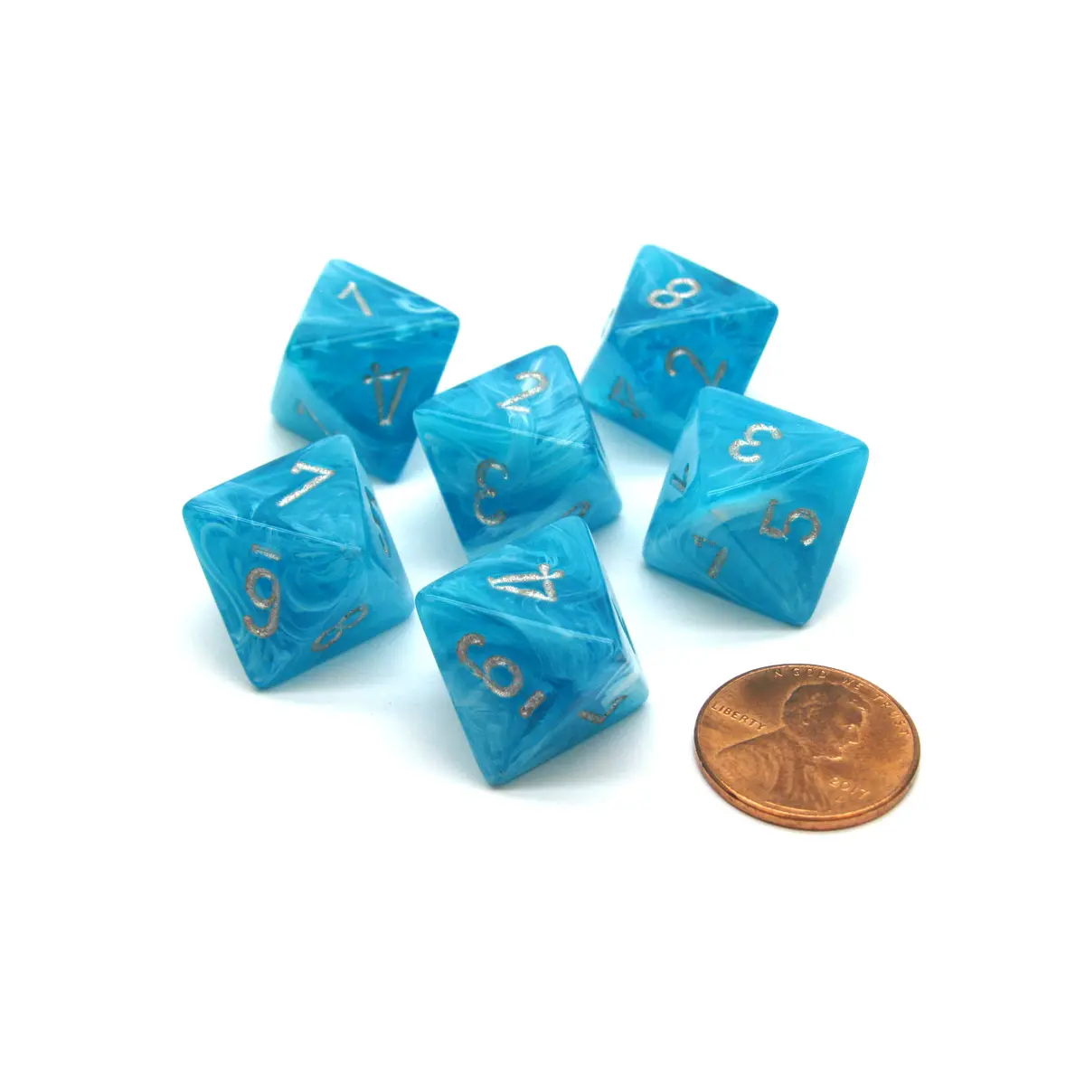 Cirrus 15mm 8 Sided D8 Chessex Dice, 6 Pieces - Aqua with Silver