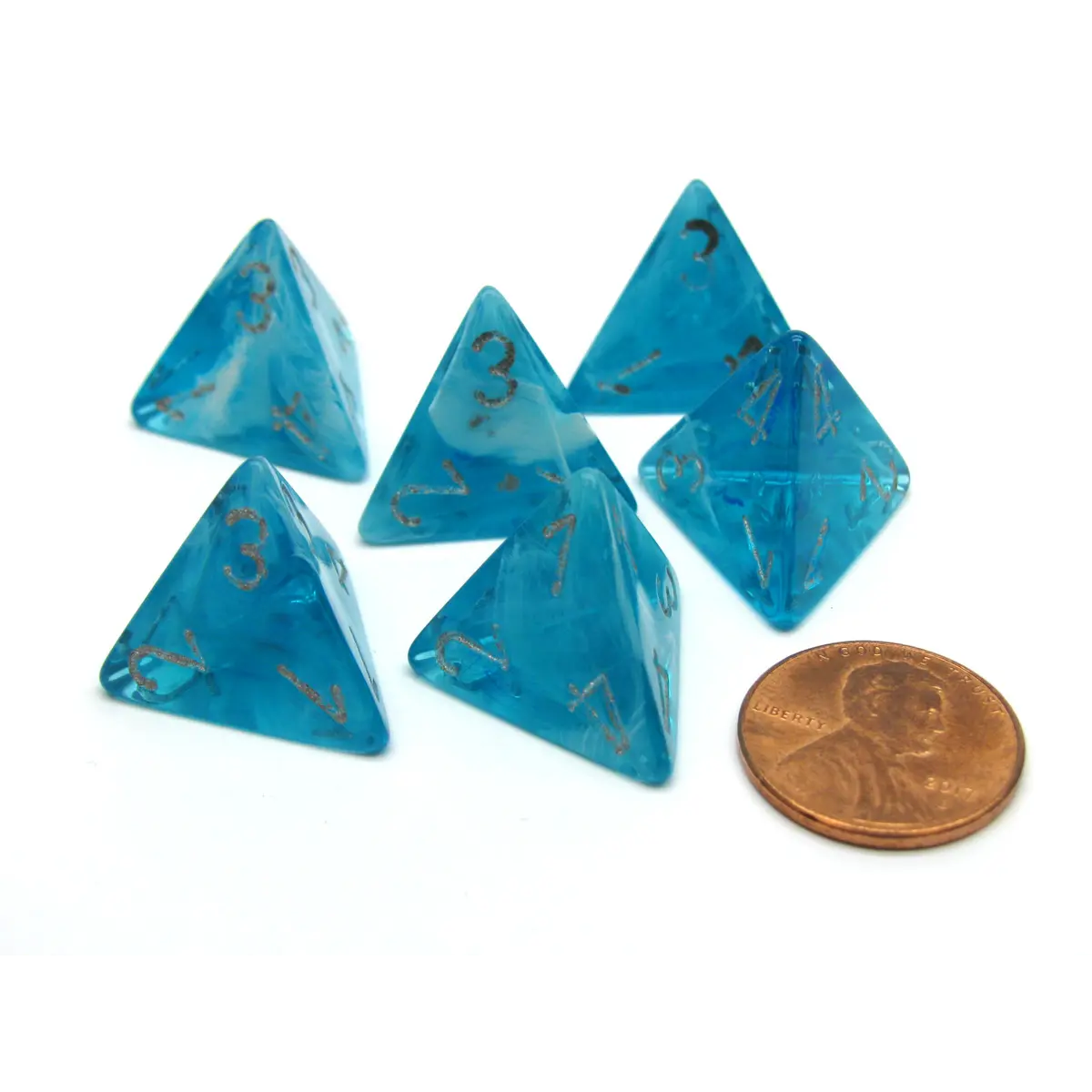 Cirrus 18mm 4 Sided D4 Chessex Dice, 6 Pieces - Aqua with Silver