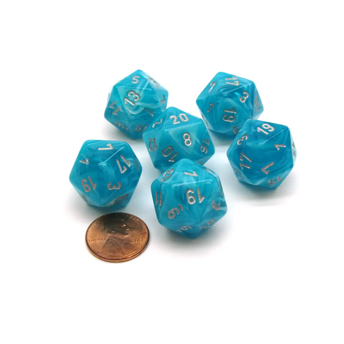 Cirrus 20 Sided D20 Chessex Dice, 6 Pieces - Aqua with Silver Numbers