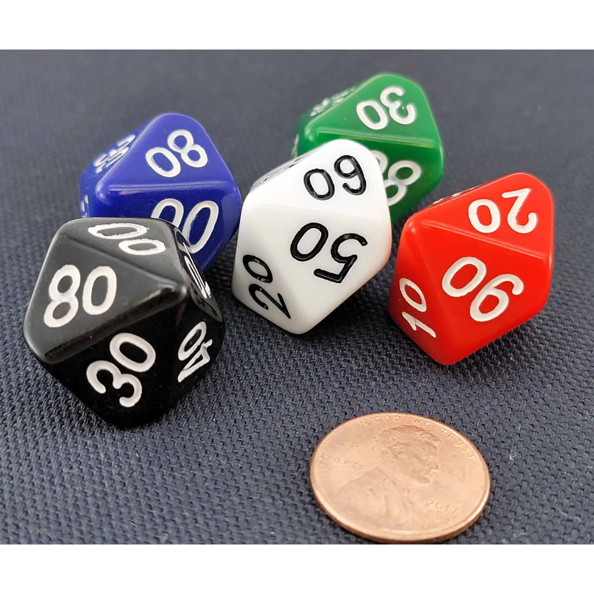 D10 'Decades' 00-90 Skew Dice, 5 Pieces - Black, Blue, Green, Red, and White