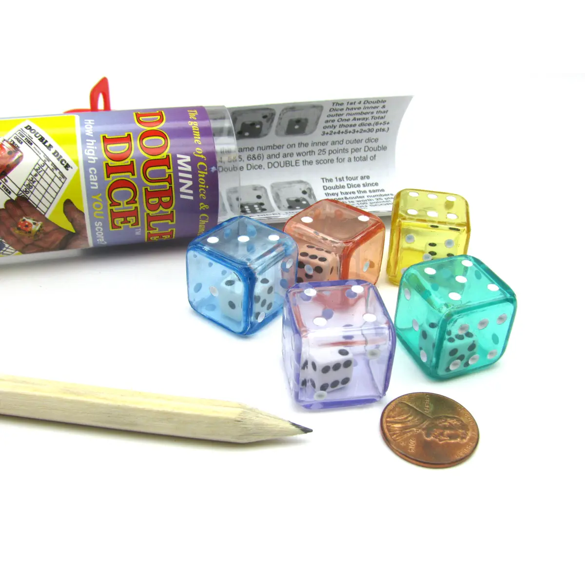 Double Dice Game with 5 Dice Travel Tube Pencil and Gaming Instructions