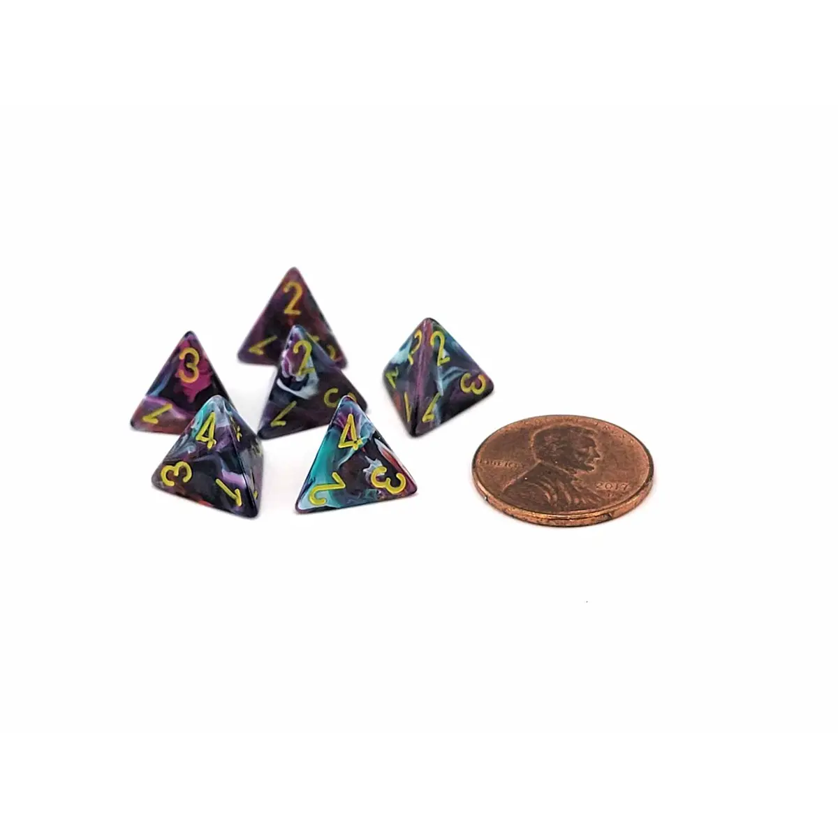 Festive 12mm Mini 4 Sided D4 Dice, 6 Pieces - Mosaic with Yellow Numbers