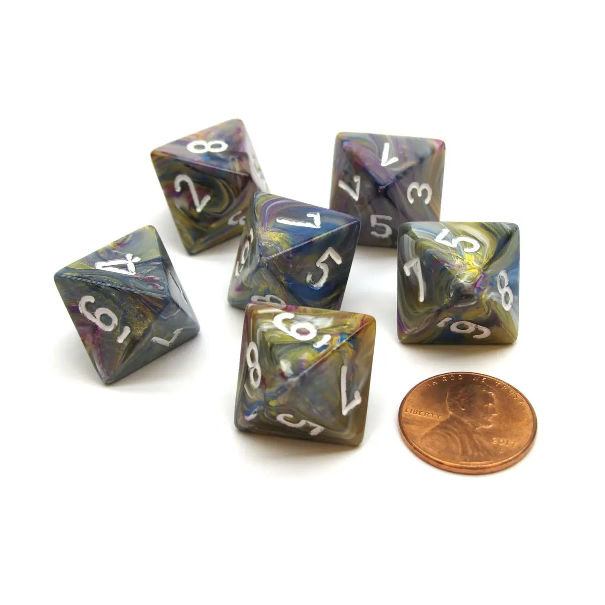 Festive 15mm 8 Sided D8 Chessex Dice, 6 Pieces - Carousel with White