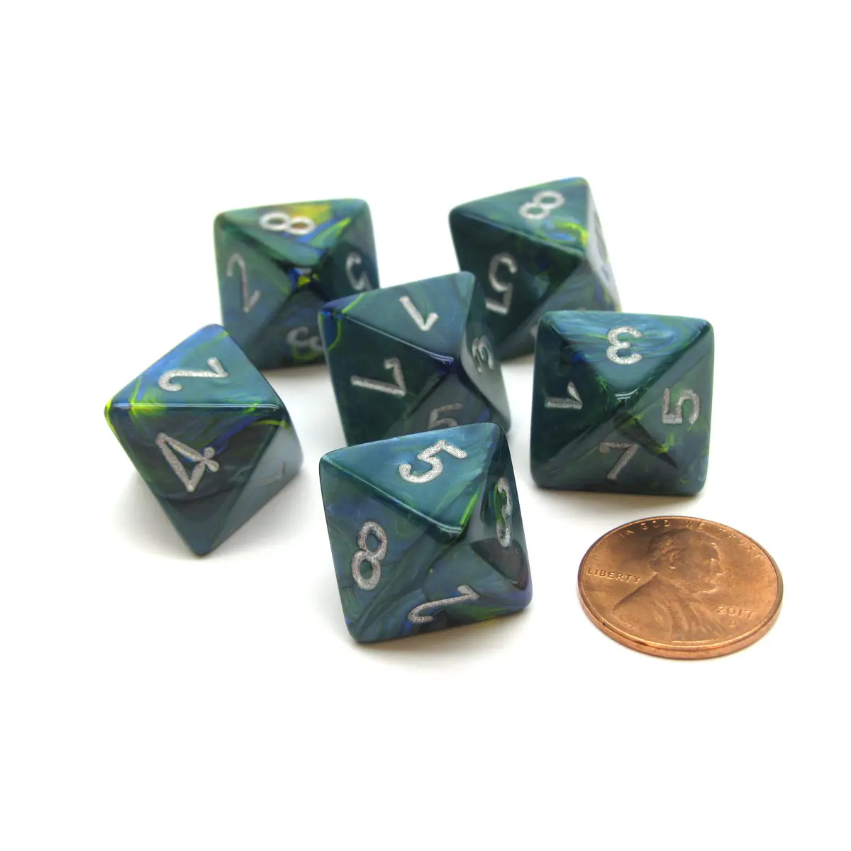 Festive 15mm 8 Sided D8 Chessex Dice, 6 Pieces - Green with Silver
