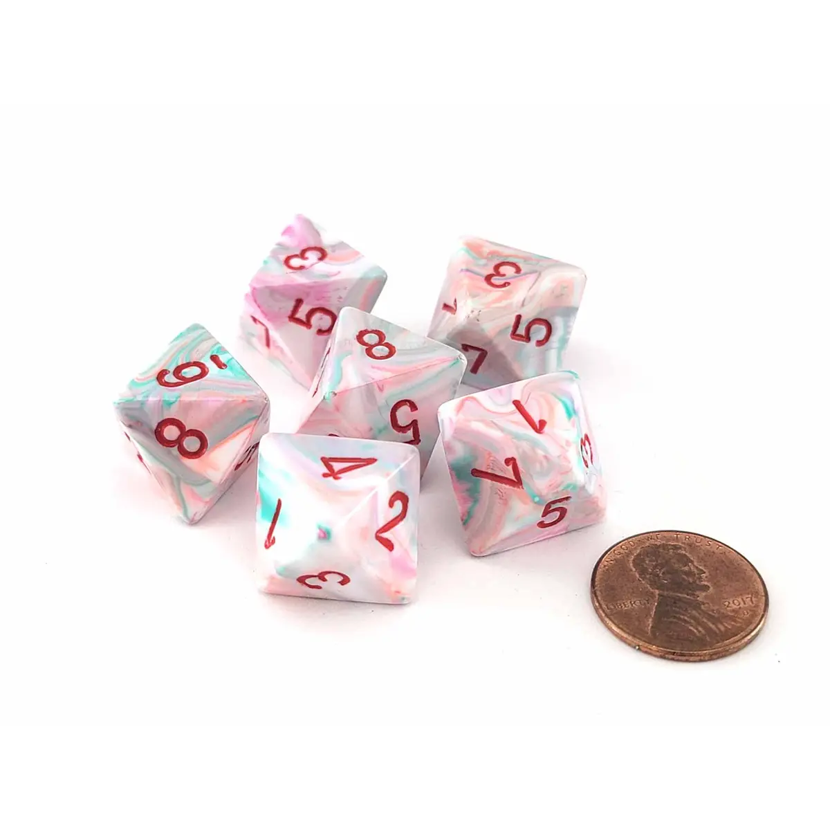 Festive 15mm 8 Sided D8 Chessex Dice, 6 Pieces - Pop Art with Red Numbers