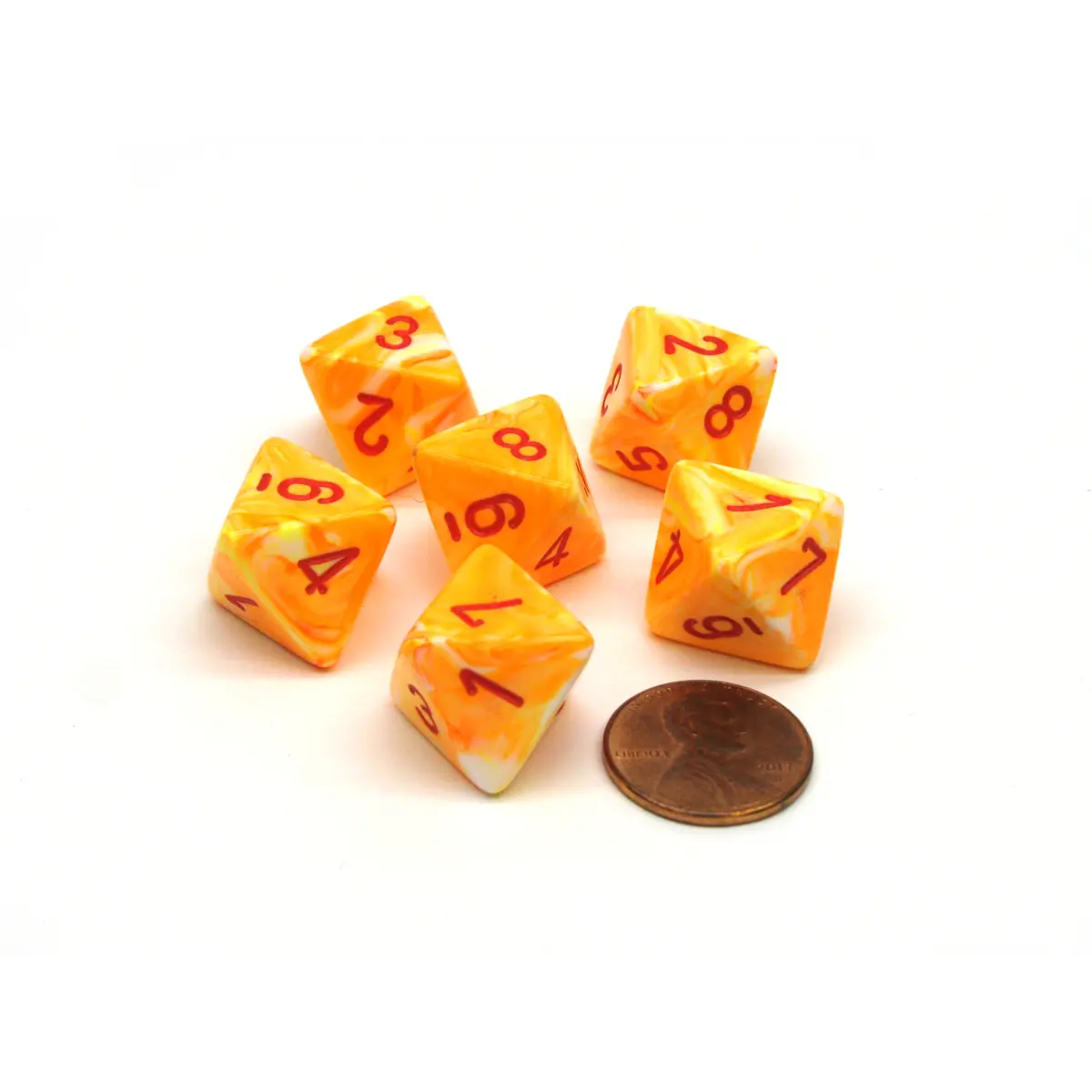 Festive 15mm 8 Sided D8 Chessex Dice, 6 Pieces - Sunburst with Red Numbers
