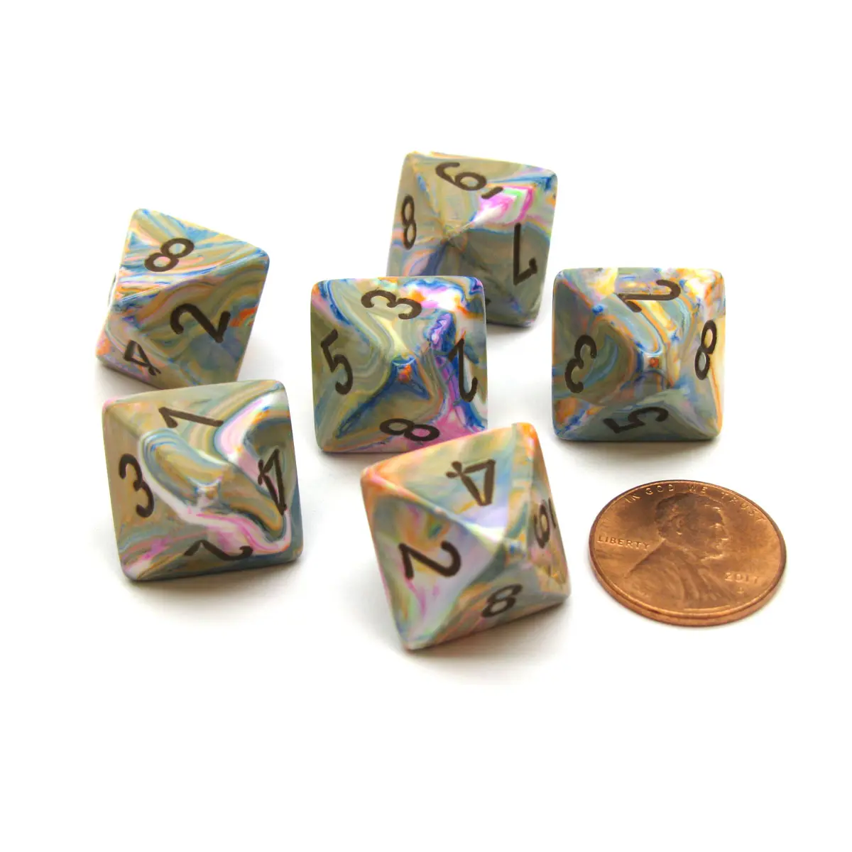 Festive 15mm 8 Sided D8 Chessex Dice, 6 Pieces - Vibrant with Brown