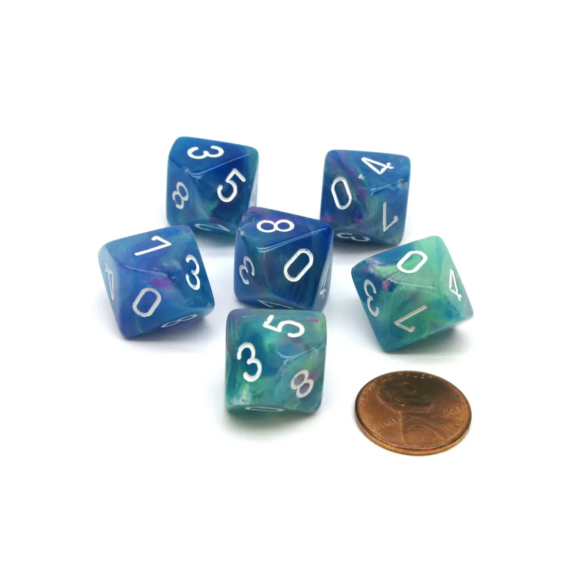 Festive 16mm D10 (0-9) Chessex Dice, 6 Pieces - Waterlily with White Numbers