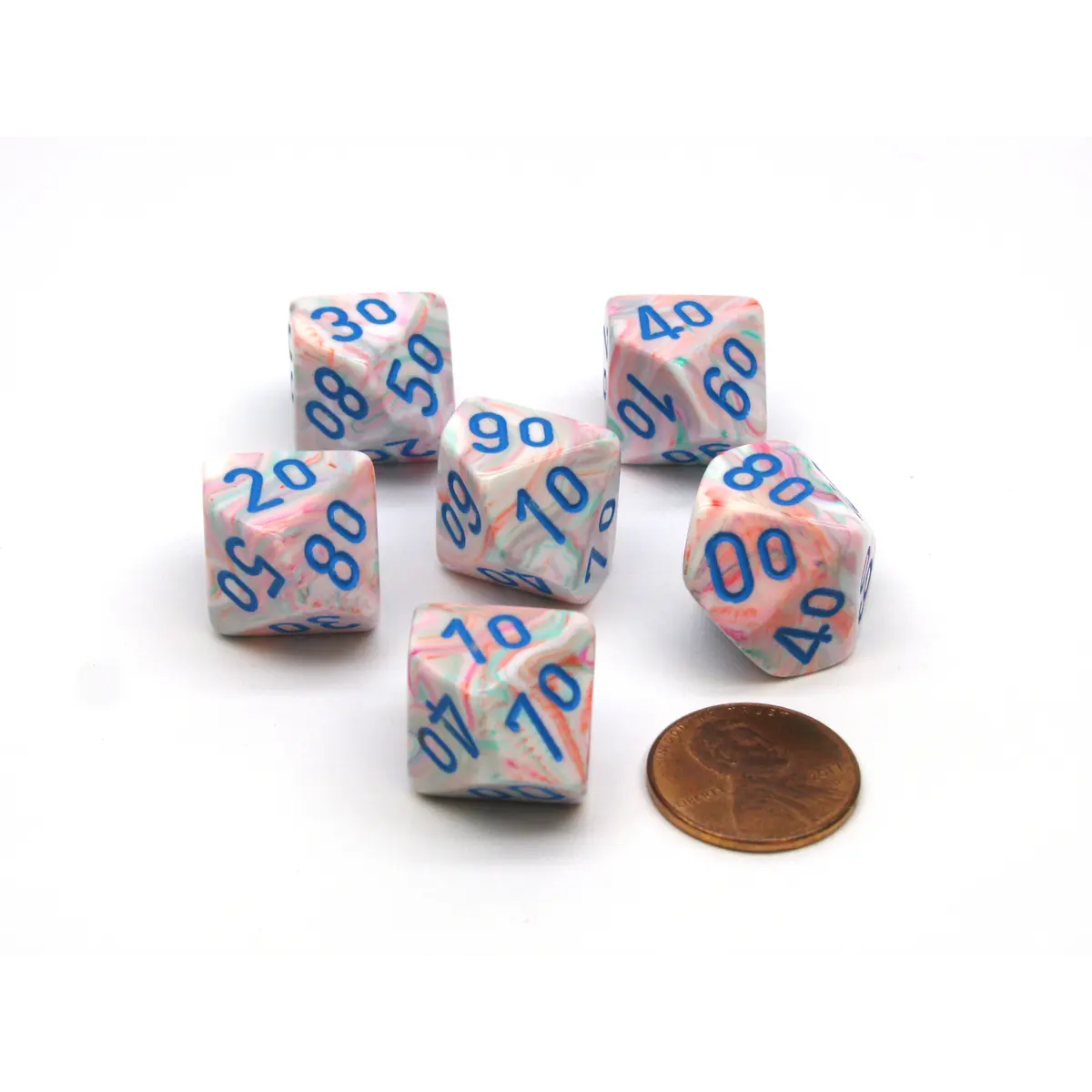 Festive 16mm Tens D10 (00-90) Chessex Dice, 6 Pieces - Pop Art with Blue Numbers