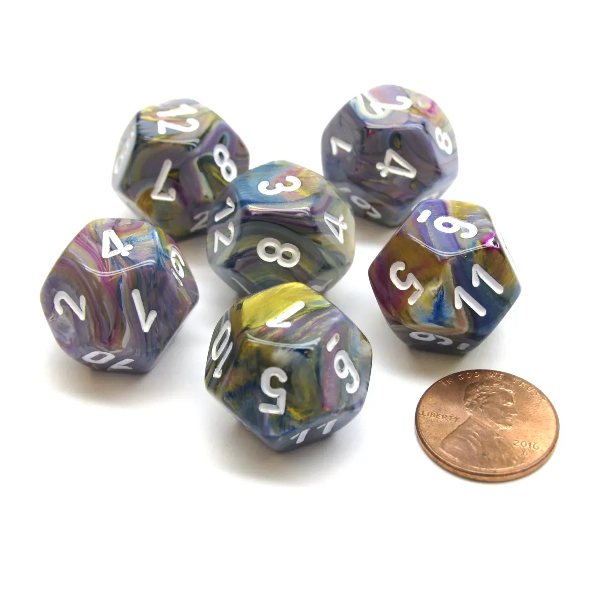 Festive 18mm 12 Sided D12 Chessex Dice, 6 Pieces - Carousel with White
