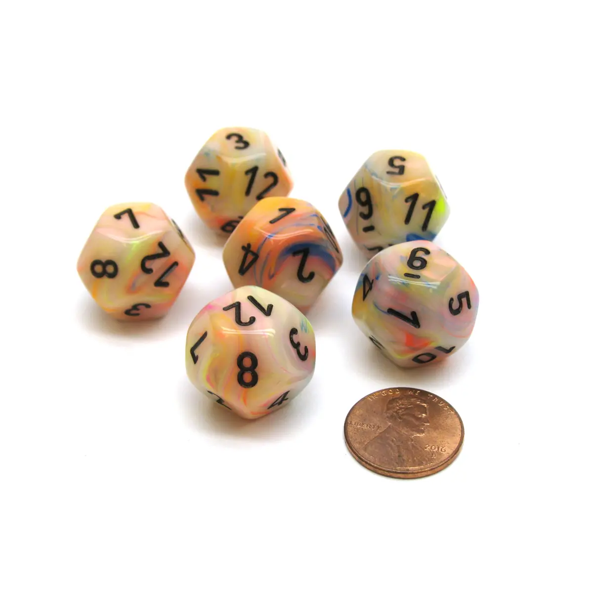 Festive 18mm 12 Sided D12 Chessex Dice, 6 Pieces - Circus with Black